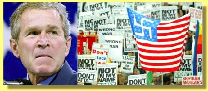 collage of former us president george h.w. bush, surrounded by foreign protest flags and memorabilia.
