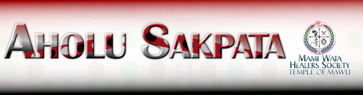 the words "Aholu Sakpata" (ah how lu sak pat a)written next to the Mami Wata Healers Society Temple of Mawu Logo.